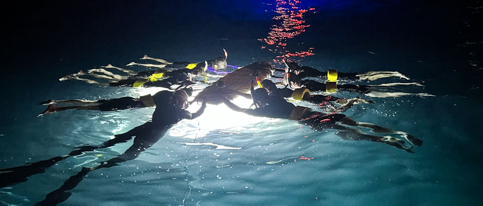 people laying flat on the ocean surface holding a board with bright light below