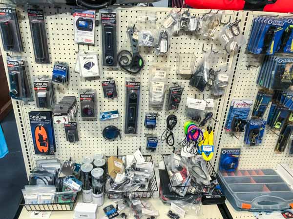 dive shop display with miscellaneous products