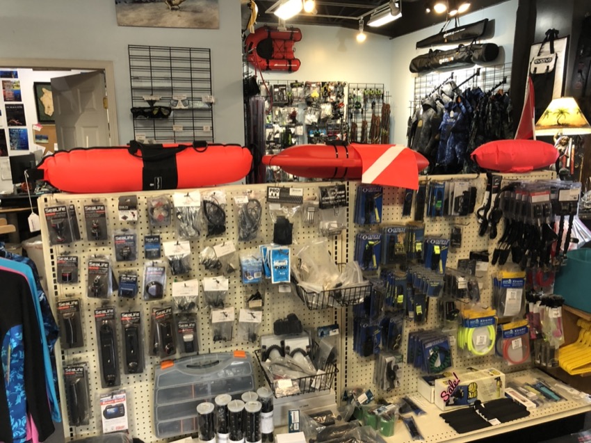 inside of dive shop products on display
