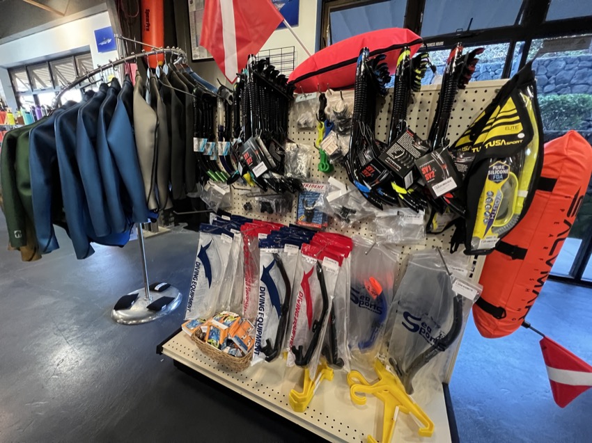 snorkels on display in a dive shop