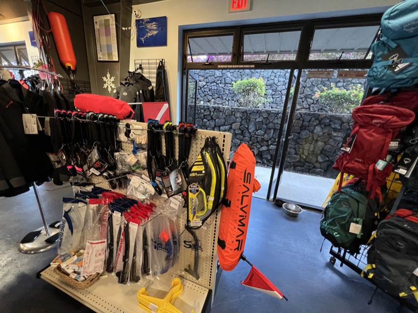 snorkel display inside a dive shop