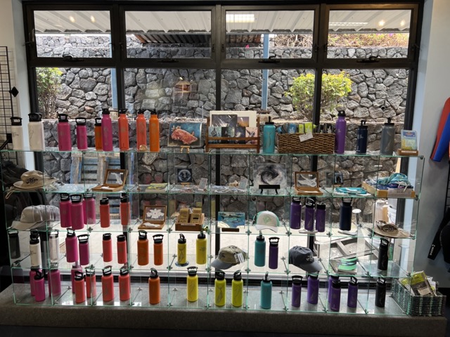 colorful water bottles on display in dive shop with windows behind