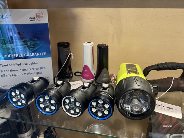 Dive lights in a display case