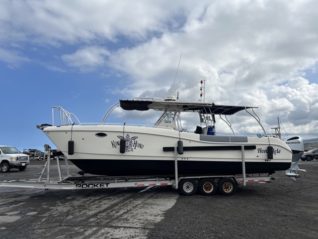 a power catamaran sits on a trailer in the harbor parking lot