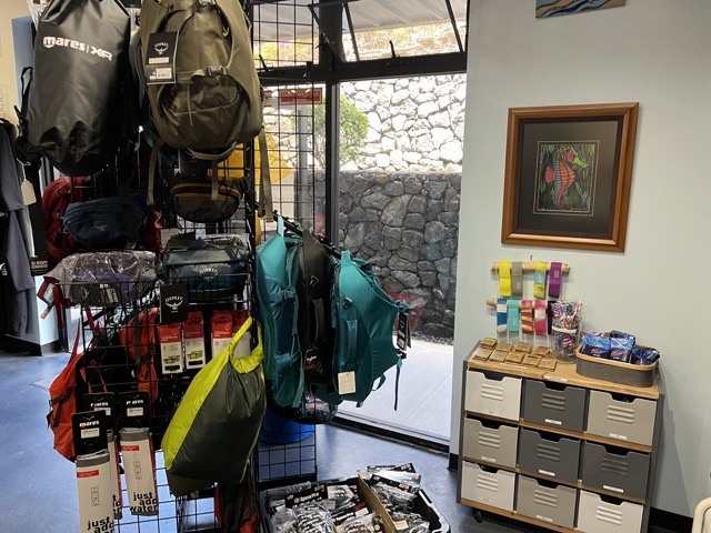 lots of products inside a dive shop