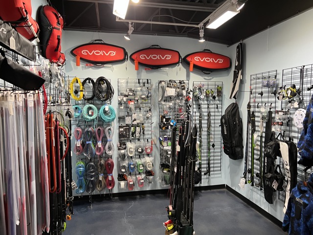 inside a dive shop spearfishing section
