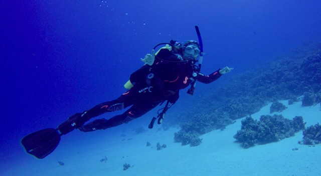 diver giving a Shaka swimming sideways