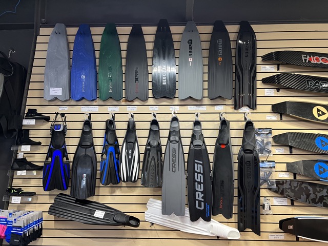 fins on a wall in a dive shop
