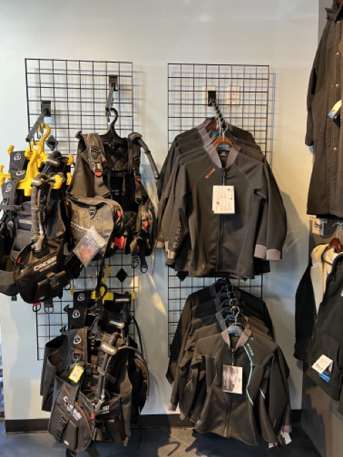 dive gear on display in a dive shop