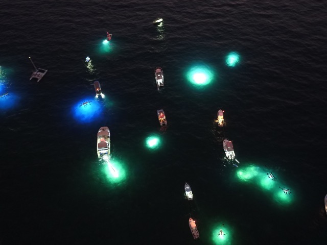 aerial overhead view of the keahou manta site at night with snorkelers and boats on the ocean surface