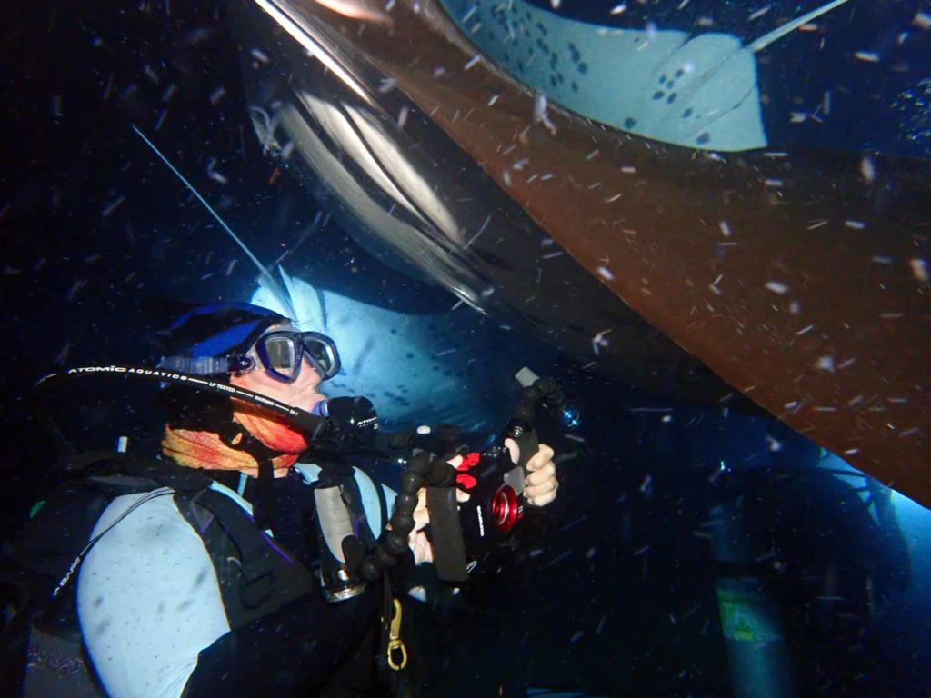 a diver leans back holding a camera as manta rays swoop in close