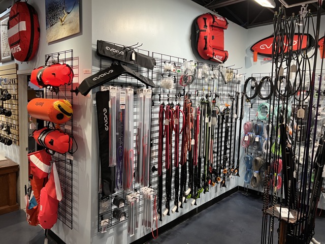 spearfishing gear section inside a dive shop