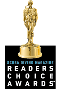 a golden scuba diver award trophy on top of the words "scuba diving readers choice awards"