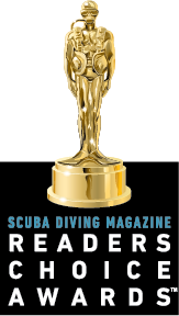 a golden scuba diver award trophy on top of the words "scuba diving readers choice awards"