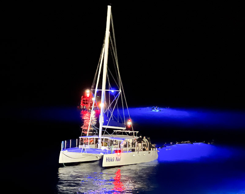 a large sailing catamaran named Hoku Nui sits in calm seas with snorkelers hanging off the back in a train and bright blue light underneath