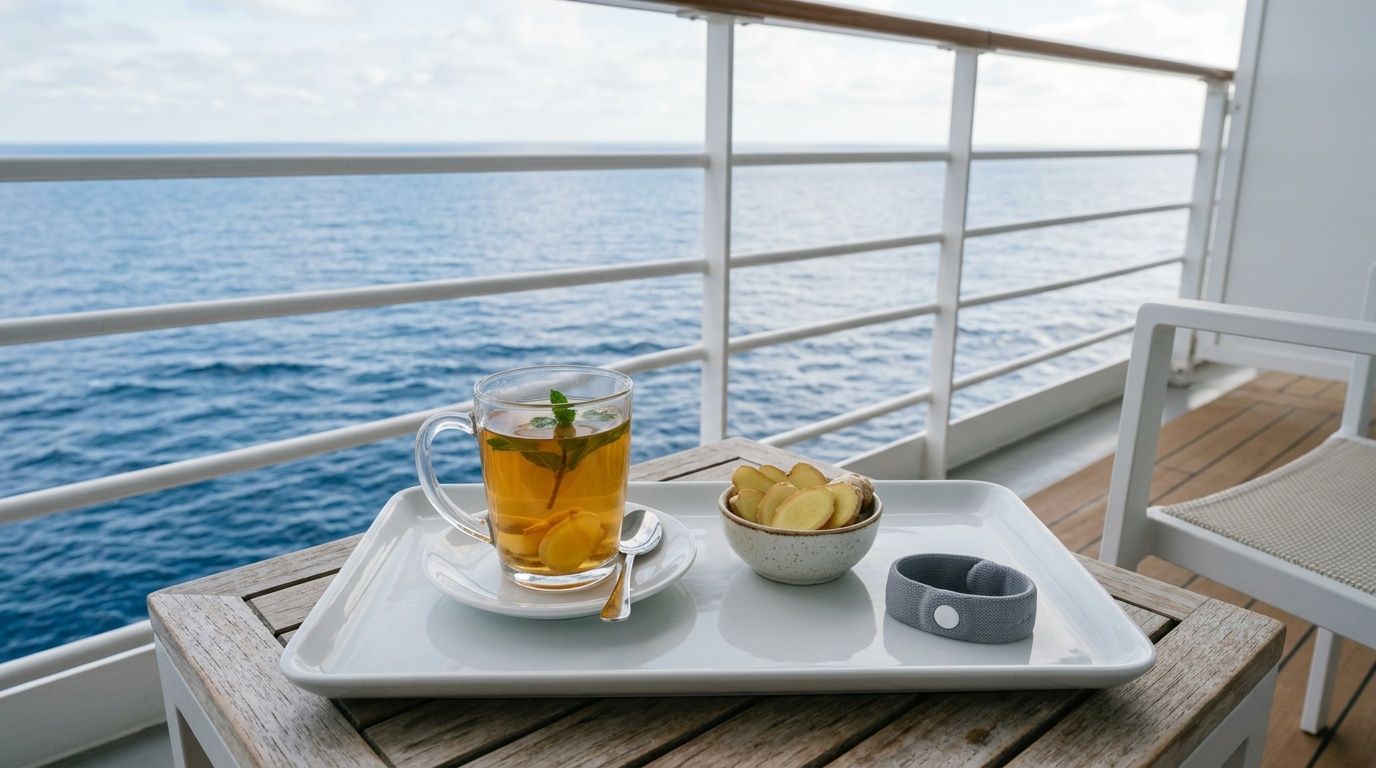 A cup of ginger tea with ginger slices and an acupressure wristband on a balcony table overlooking the sea.
