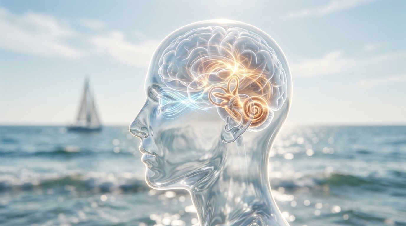 A transparent glass head silhouette with an illuminated brain and inner ear structure against a sea background.