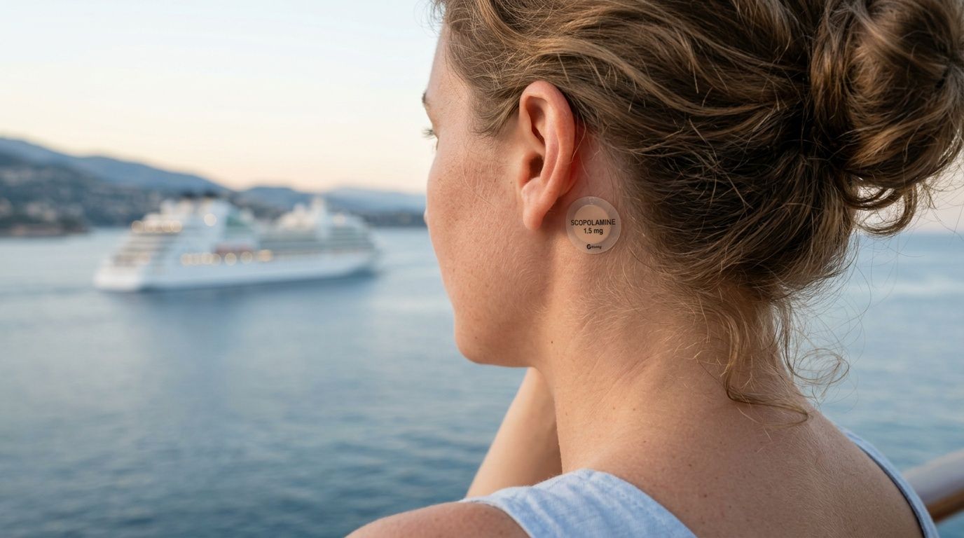A woman stands on a cruise ship deck wearing a scopolamine motion sickness patch behind her ear.