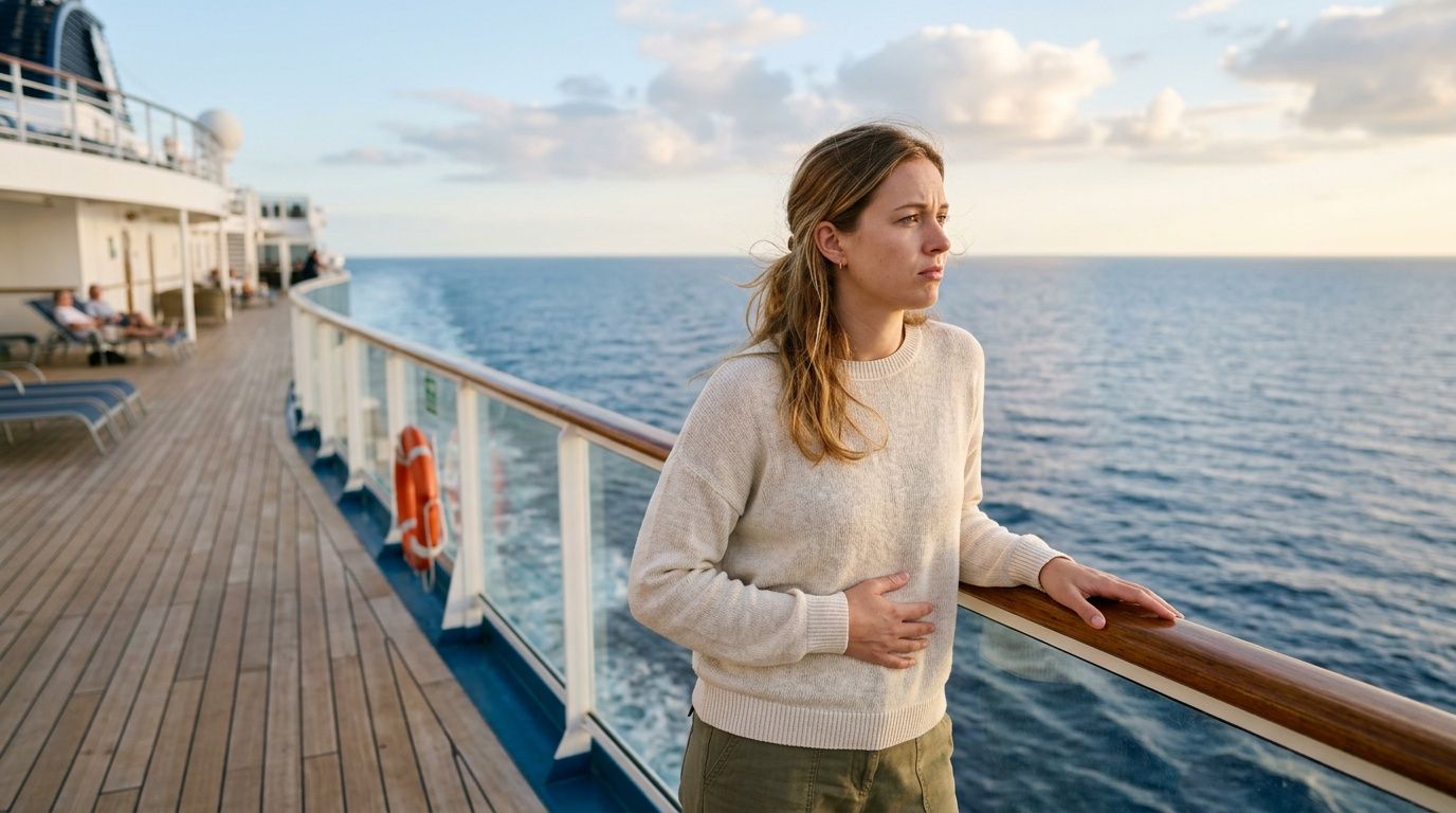 A woman standing on the deck of a cruise ship looking out at the ocean feeling seasick.