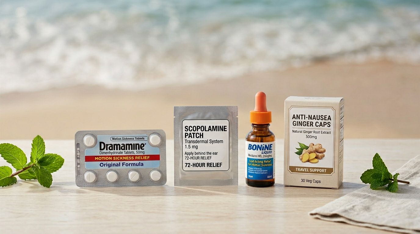 A display of various motion sickness medications including Dramamine, a scopolamine patch, Bonine liquid, and ginger capsules.