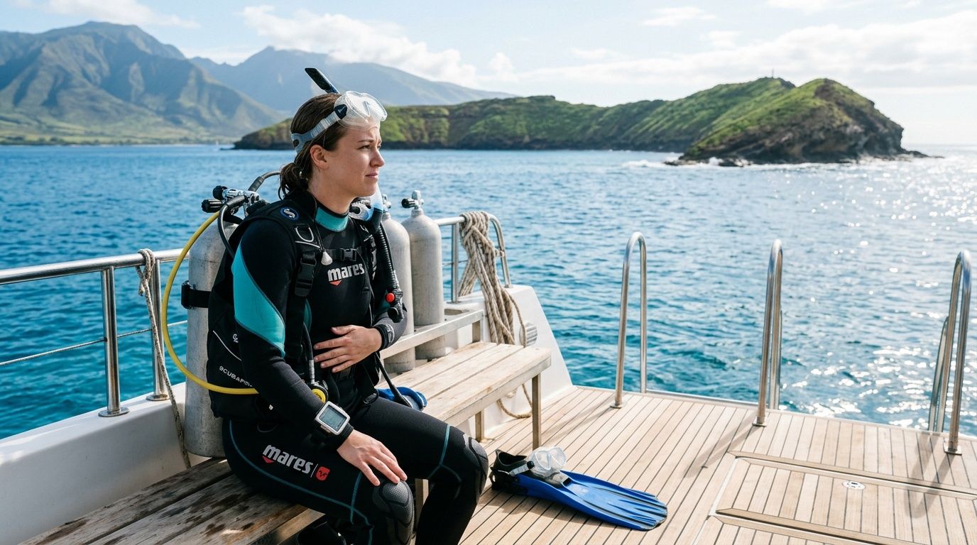A scuba diver sits on a boat deck preparing for a dive near an island.