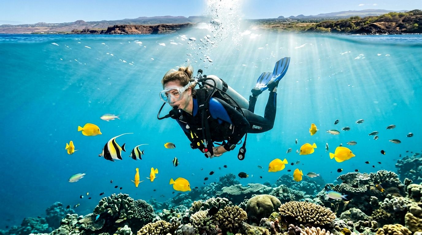 A scuba diver swims gracefully underwater alongside colorful tropical fish in a vibrant coral reef.
