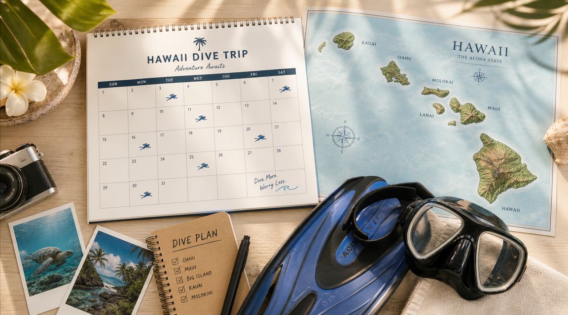 A travel planning flatlay featuring a Hawaii map, diving gear, calendar, and photographs of sea turtles.