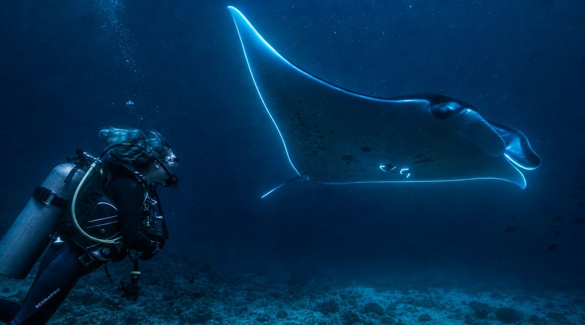 A scuba diver swims underwater in the deep blue sea alongside a majestic glowing manta ray.