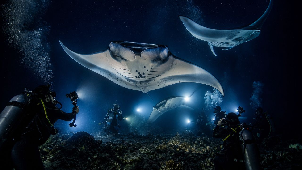 Scuba divers use underwater lights to observe majestic manta rays swimming in the deep ocean at night.