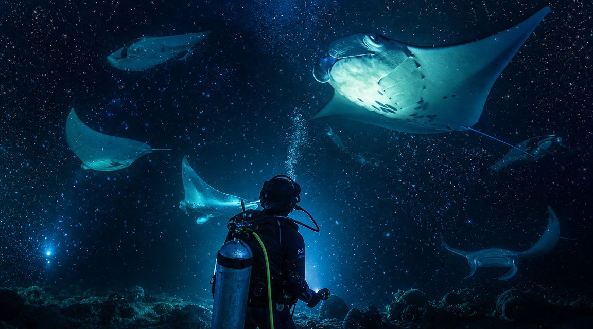A scuba diver explores the deep ocean surrounded by several majestic manta rays in a starry underwater environment.