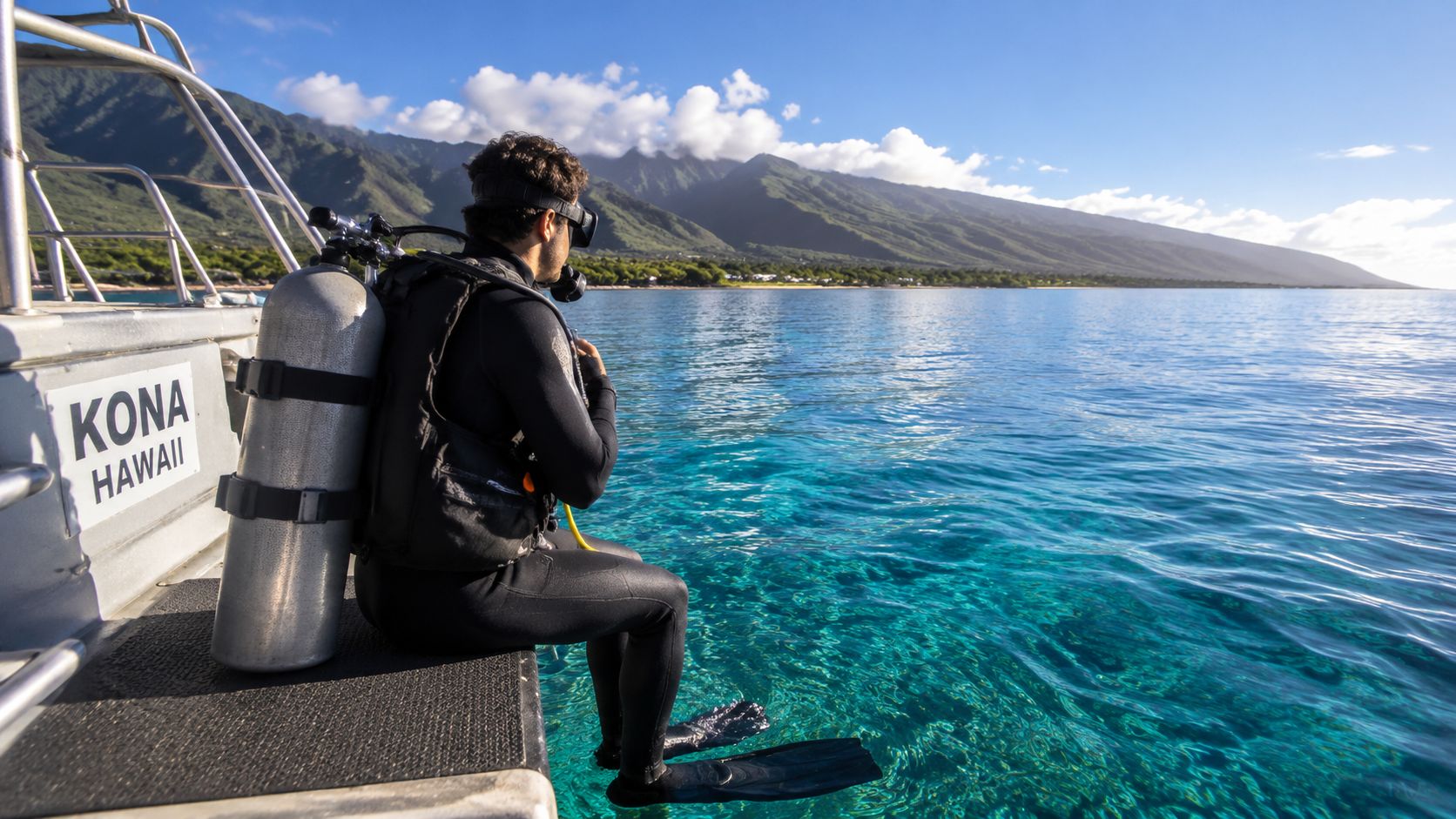 A scuba diver wearing full gear sitting on the edge of a boat, overlooking clear blue water.