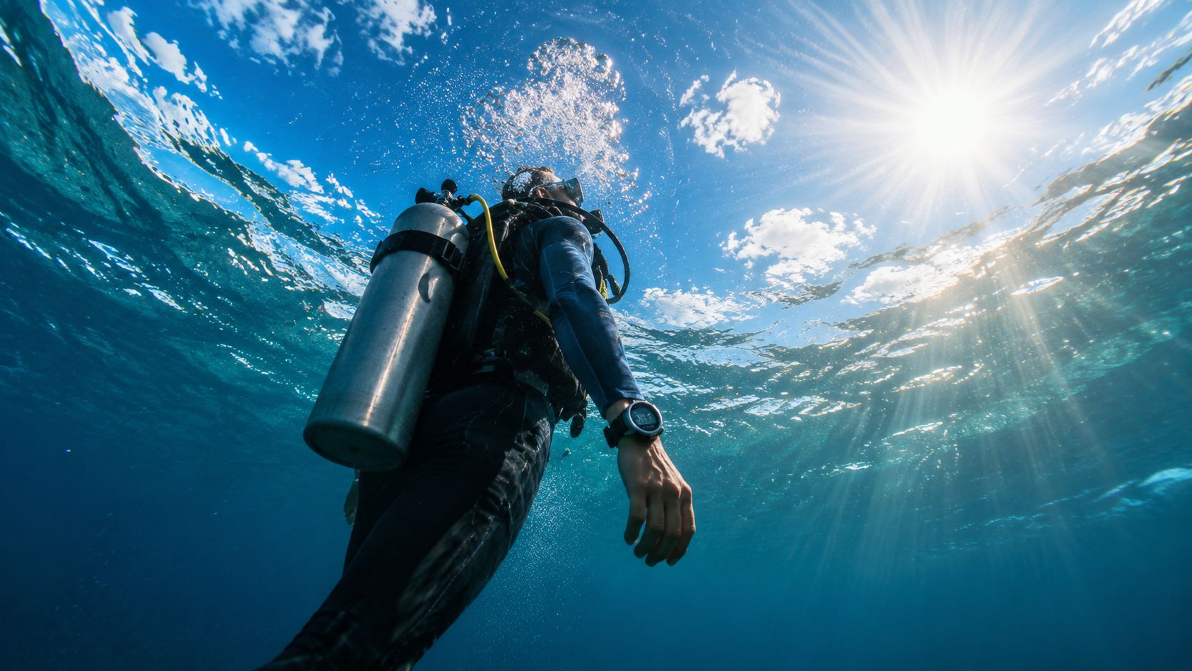 A scuba diver swimming underwater toward the surface with sunlight streaming down through the clear blue water.