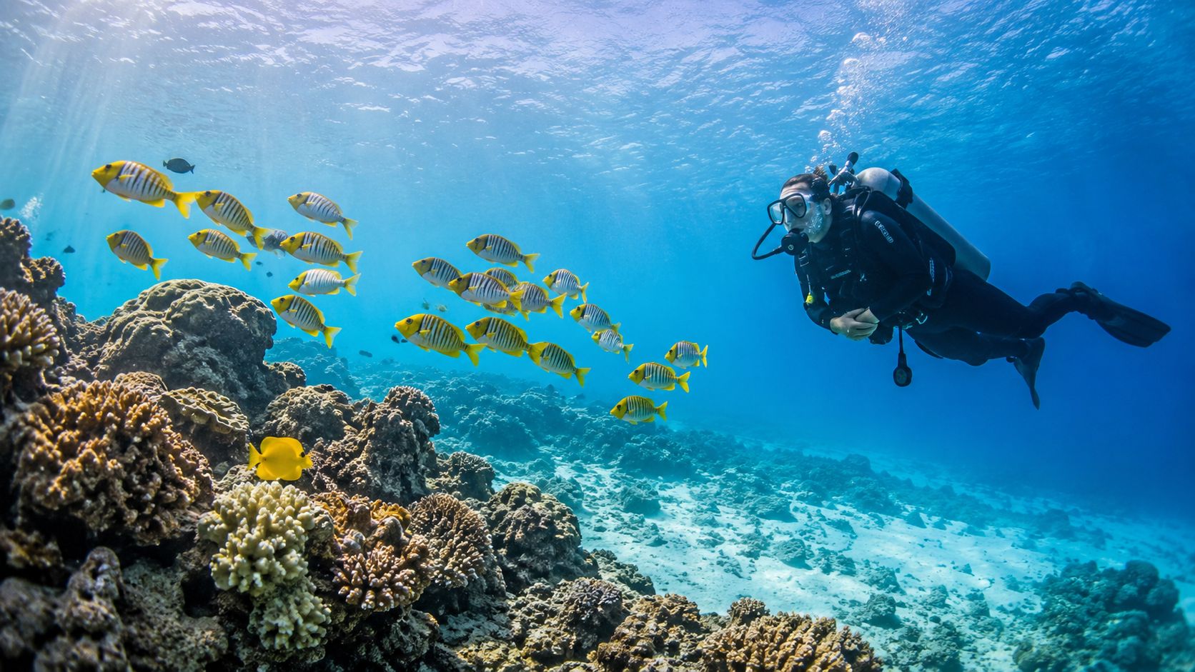 A scuba diver swimming among a school of colorful tropical fish over a vibrant coral reef.