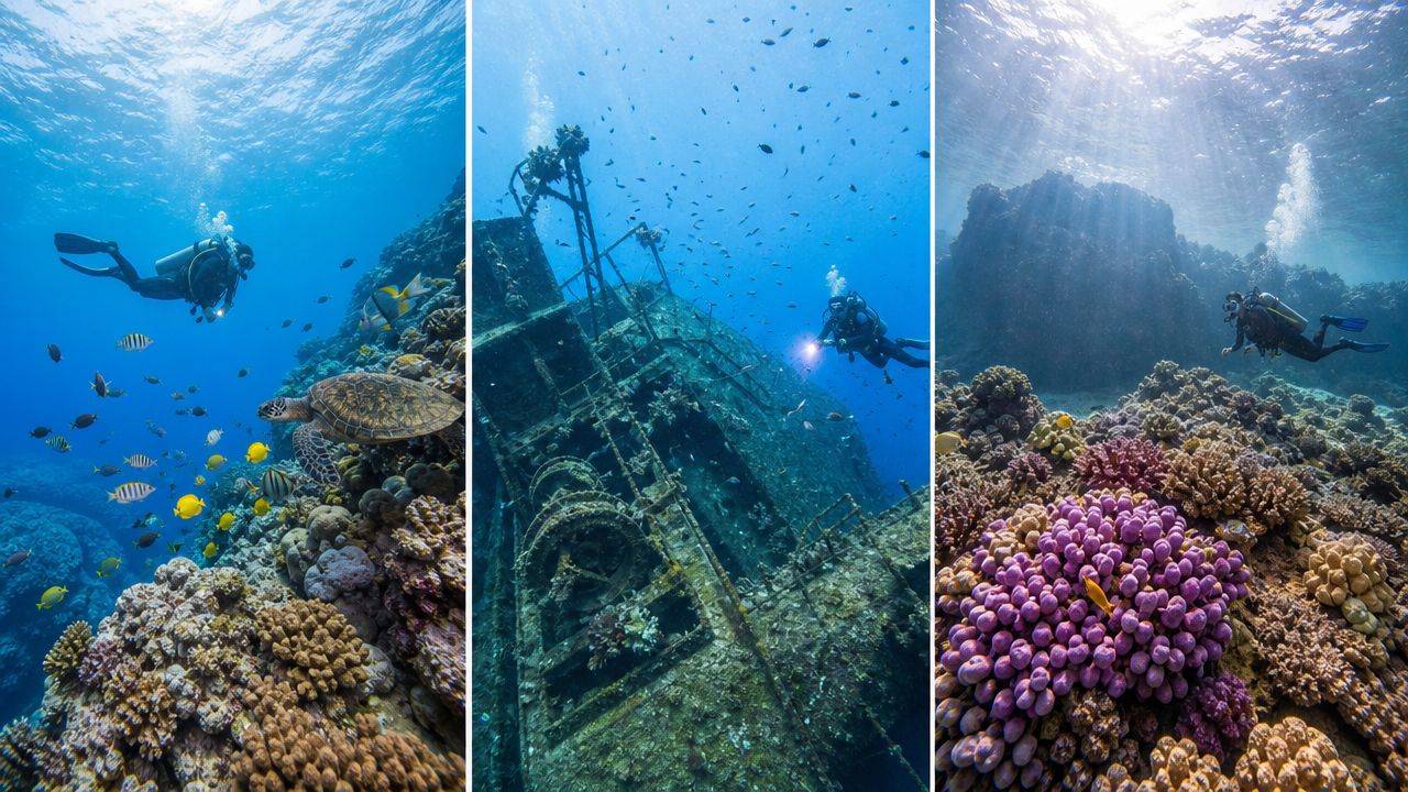 A triptych showing scuba divers exploring a colorful coral reef, a shipwreck, and vibrant underwater marine life.