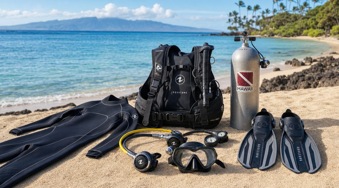 Scuba diving equipment including a wetsuit, BCD, oxygen tank, mask, and fins on a sandy beach.