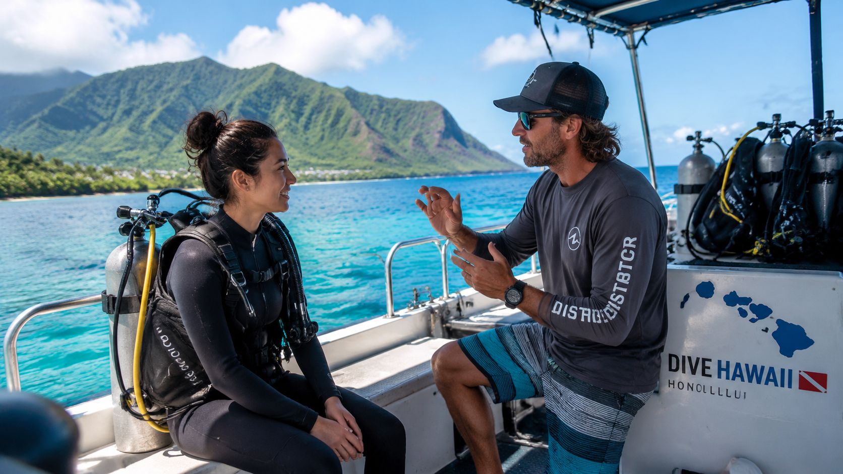 An instructor provides diving instructions to a woman wearing scuba gear on a boat in Hawaii.