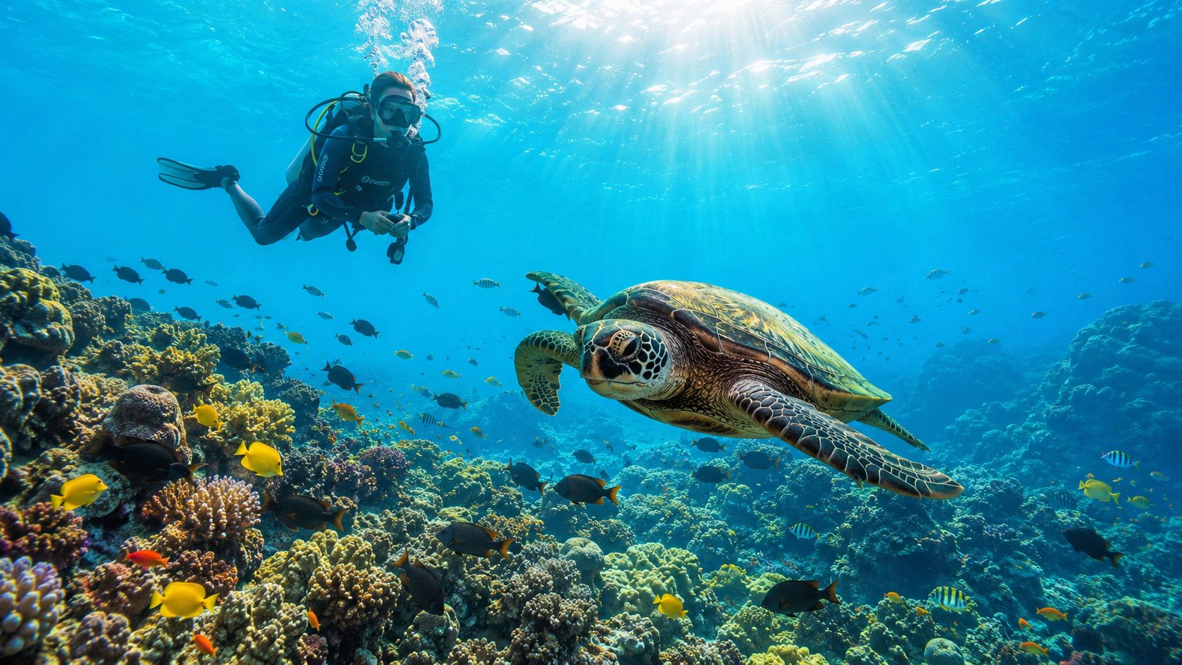 A scuba diver swims near a large green sea turtle above a vibrant coral reef in Hawaii.