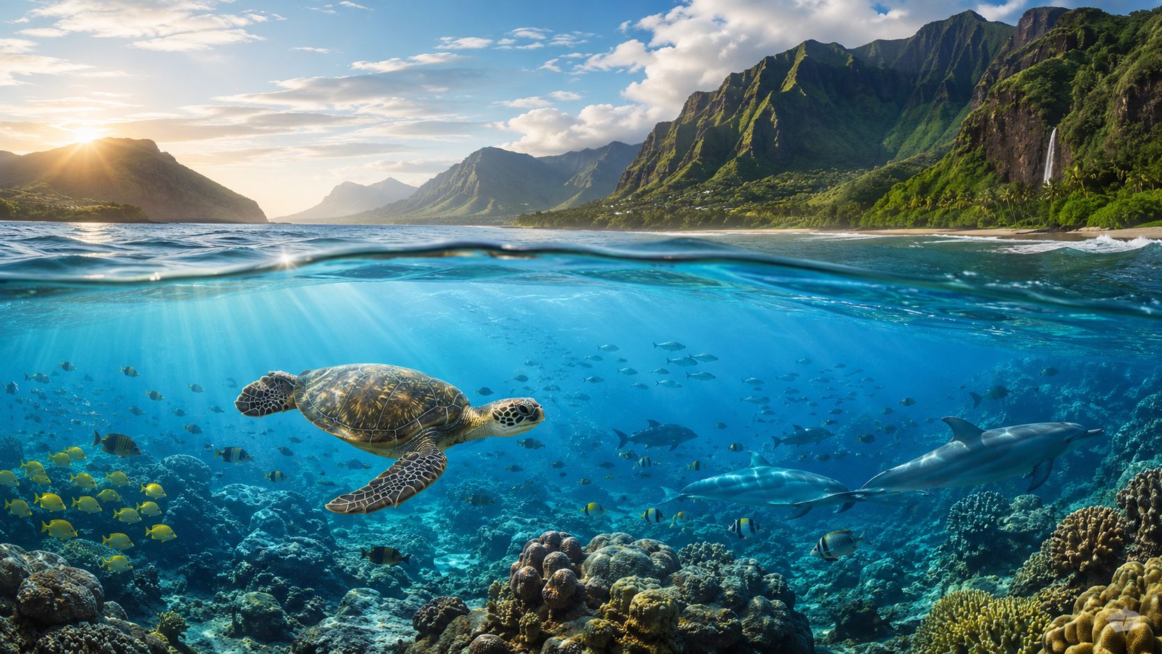 A split view showing a sea turtle swimming underwater with tropical fish against a beautiful Hawaiian mountain backdrop.