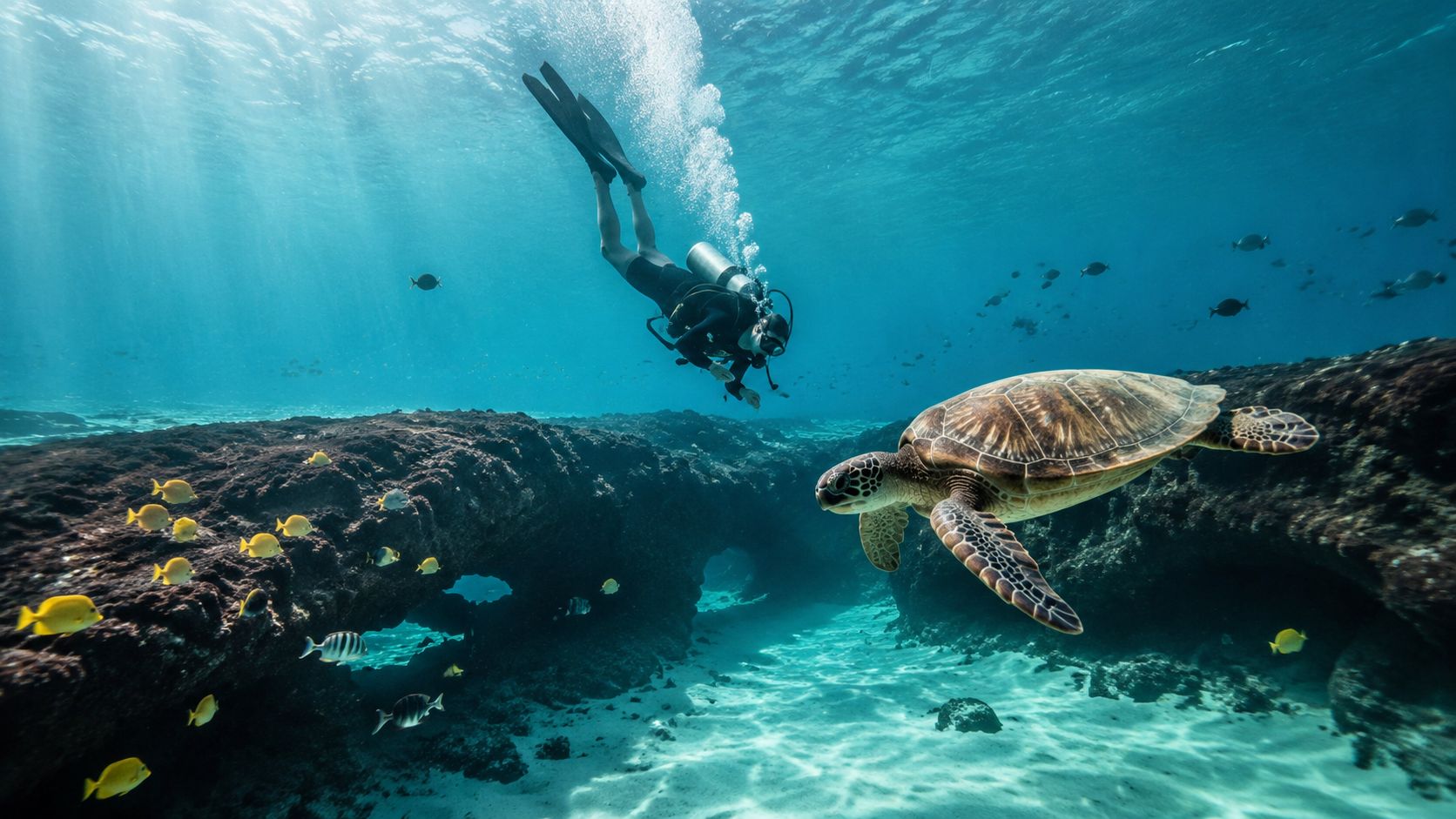 A scuba diver explores a vibrant underwater landscape while swimming alongside a large green sea turtle.