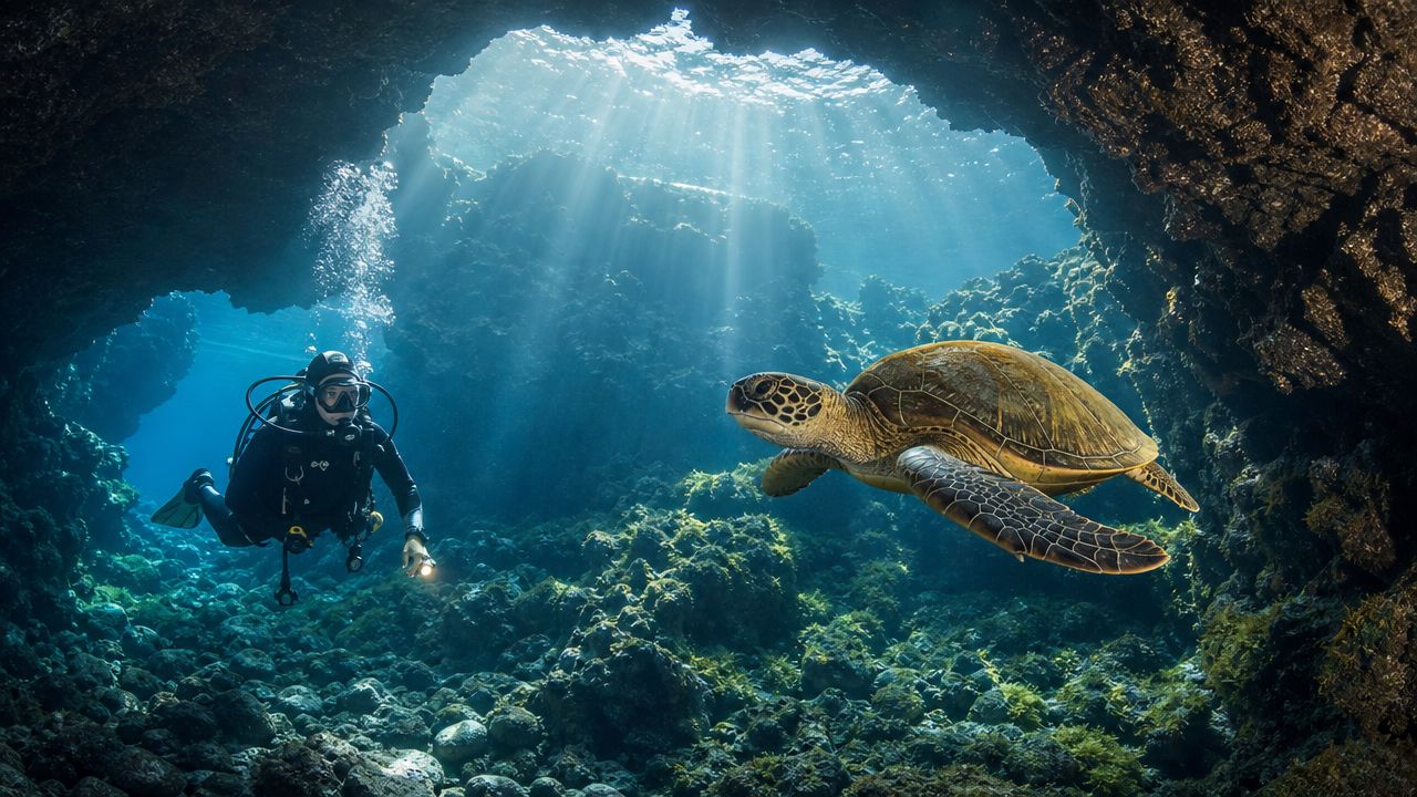 A scuba diver swimming underwater in a cave with a large green sea turtle nearby.
