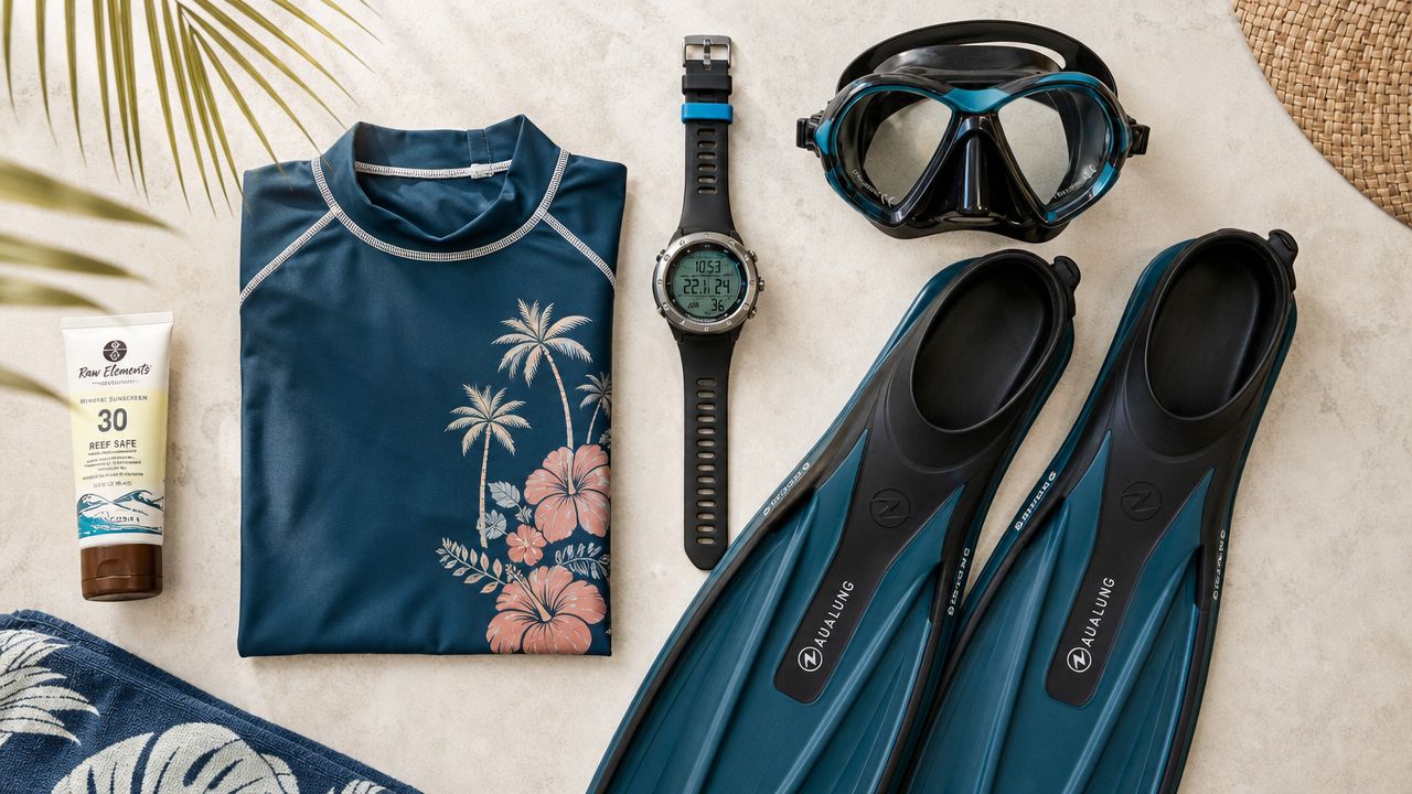 A flatlay of snorkeling and diving equipment including a blue rash guard, fins, mask, watch, and sunscreen.