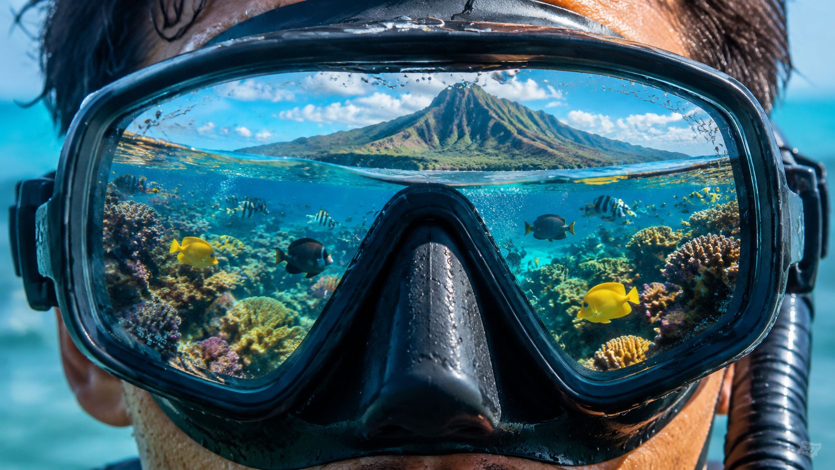 A close-up view through a diving mask showing a beautiful tropical reef with colorful fish and mountains.