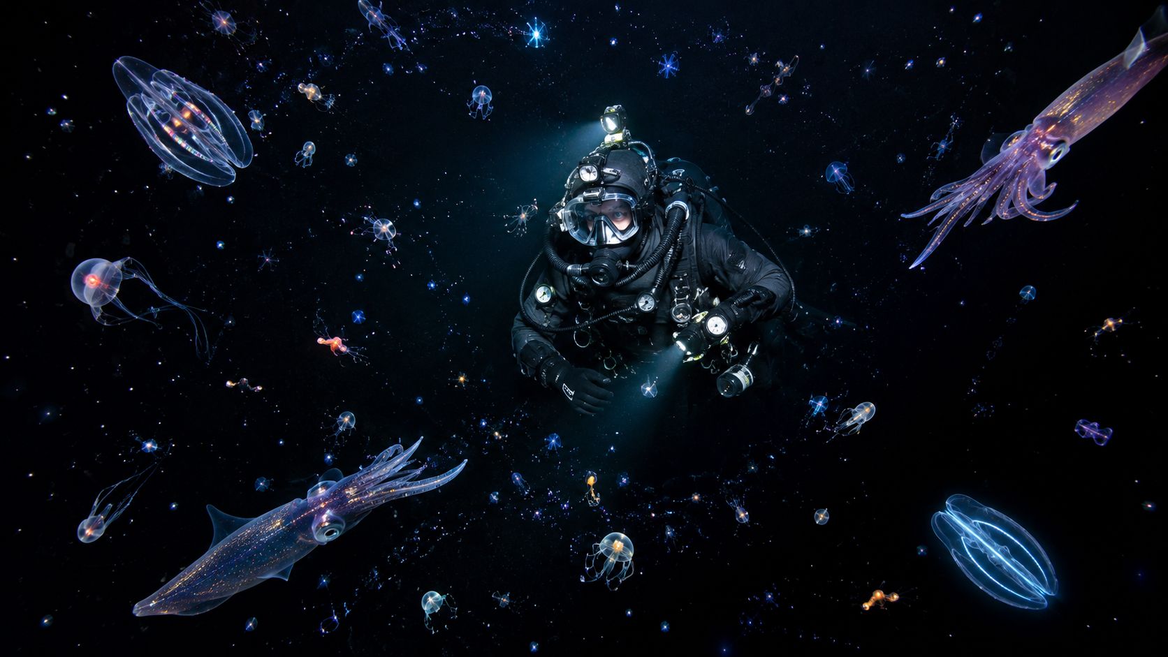 A deep-sea diver explores the dark ocean surrounded by bioluminescent jellyfish and glowing squid at night.