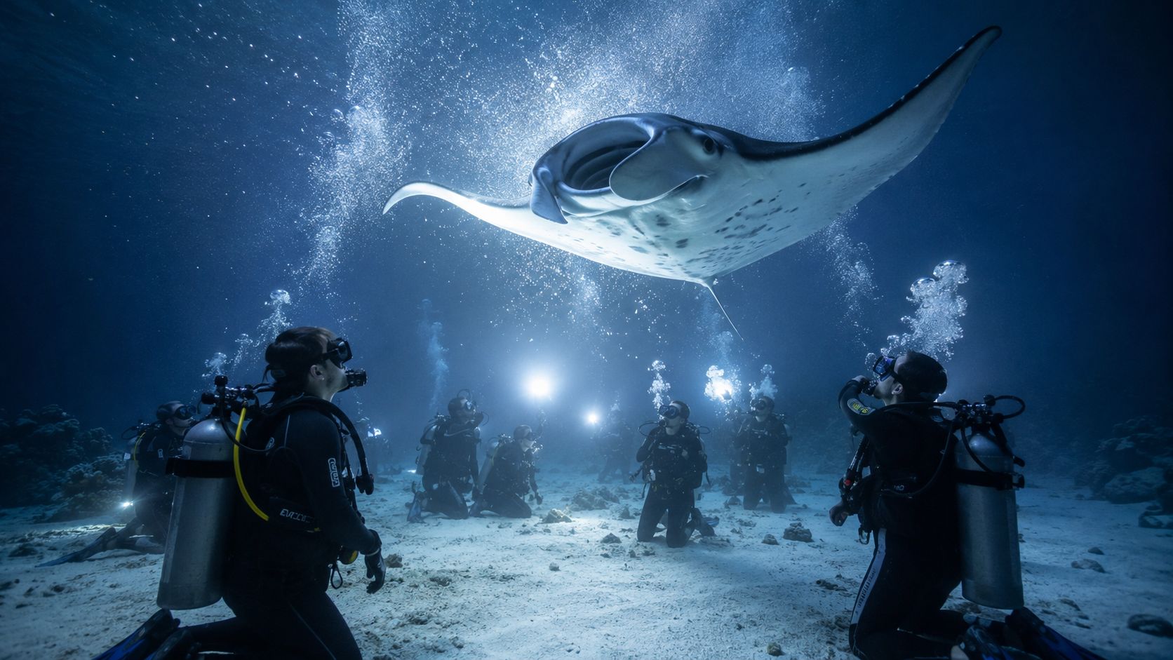Scuba divers kneeling on the sandy ocean floor gazing up at a majestic manta ray swimming above