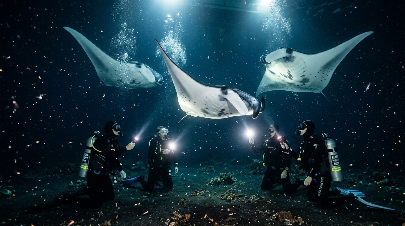 Scuba divers use flashlights to observe three manta rays swimming underwater in the deep ocean at night.