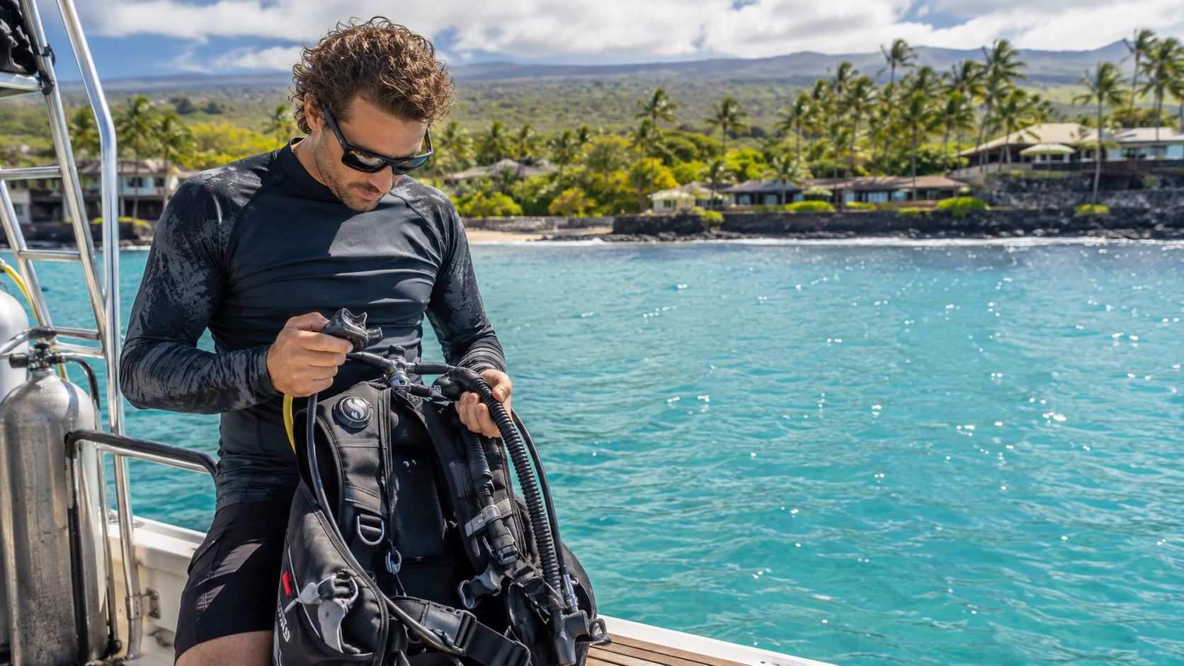 A man wearing a rash guard prepares scuba gear on a boat in Hawaii with the ocean behind.
