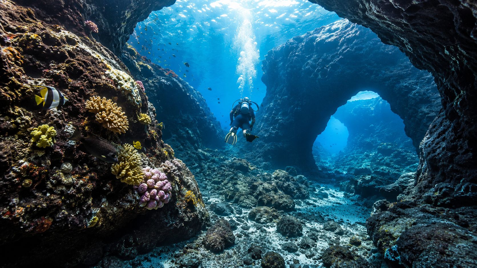 A scuba diver explores a stunning underwater lava archway while surrounded by tropical fish and colorful coral reefs.