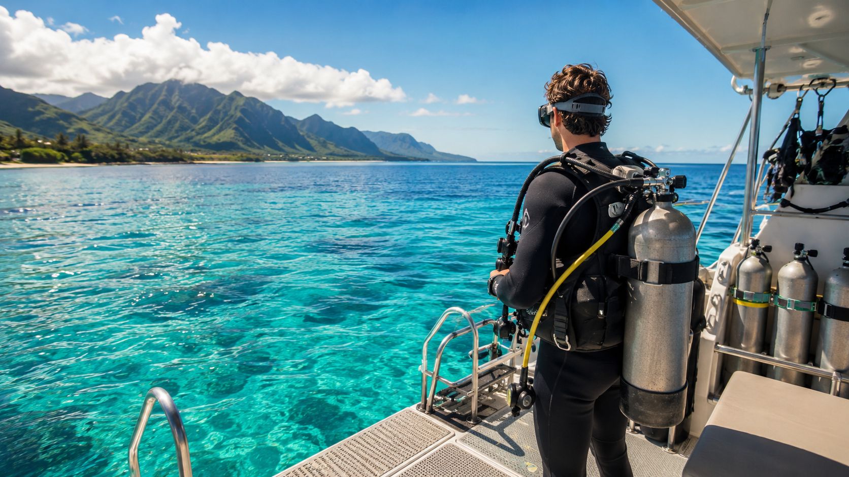 A scuba diver stands on a boat deck looking out at the clear blue waters of Hawaii.