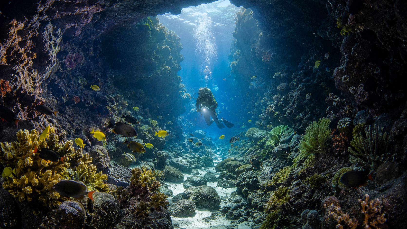 A scuba diver explores a sunlit underwater cave surrounded by tropical fish and vibrant coral reefs.