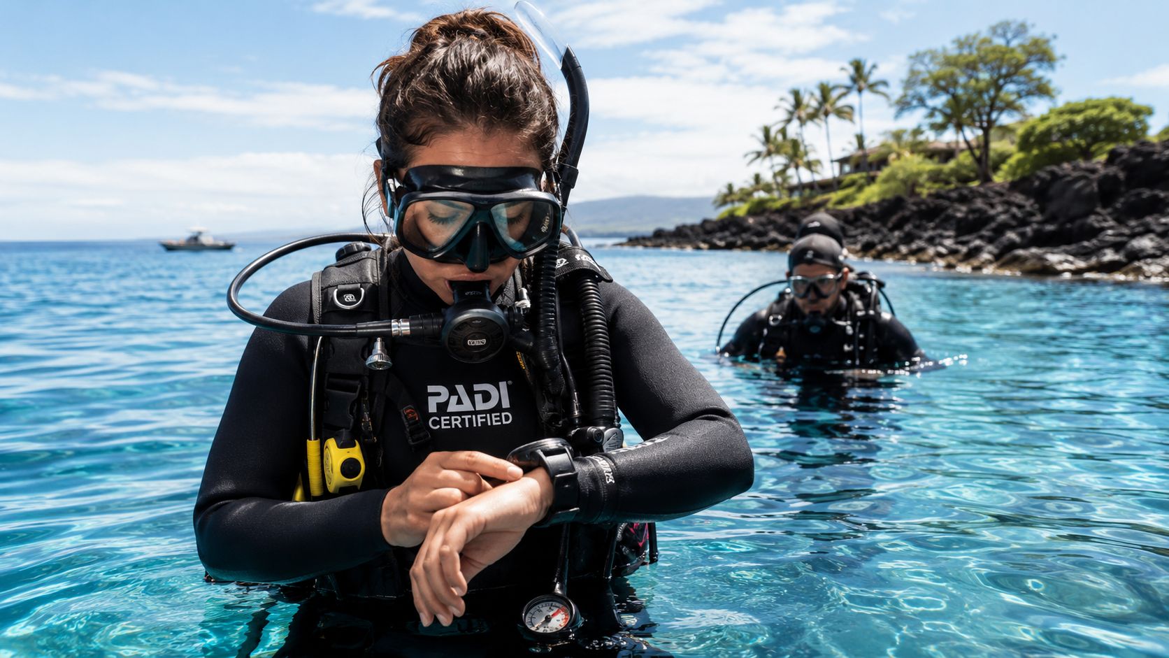A woman scuba diver wearing PADI gear checks her dive watch while floating in clear tropical water.